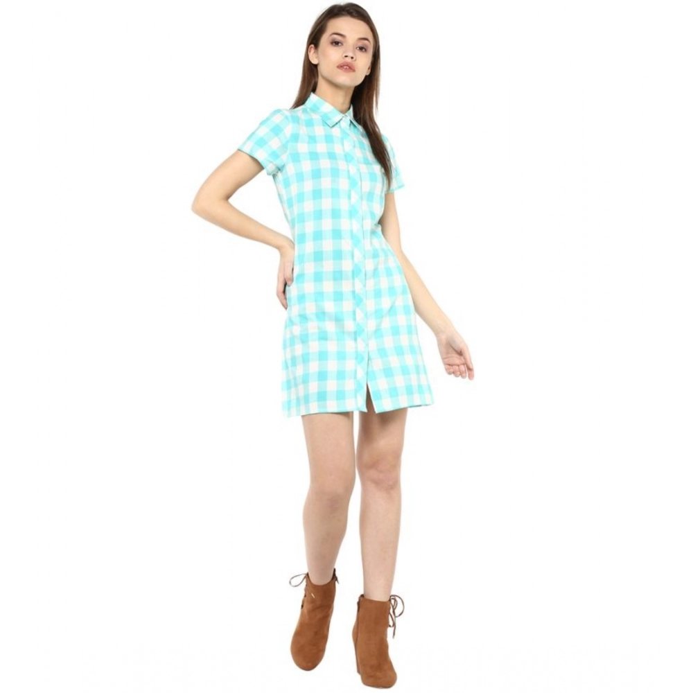 Women's Rayon Checkered Short Sleeve Above Knee Dress (SkuBlue - White) - Image 3
