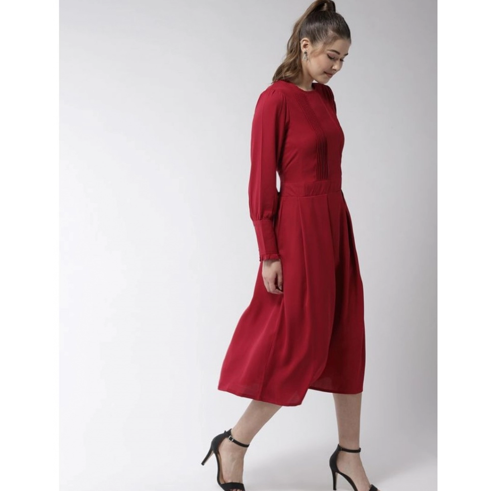 Women's Polyester Pintuck Long Sleeves Below Knee Dress (Red) - Image 5