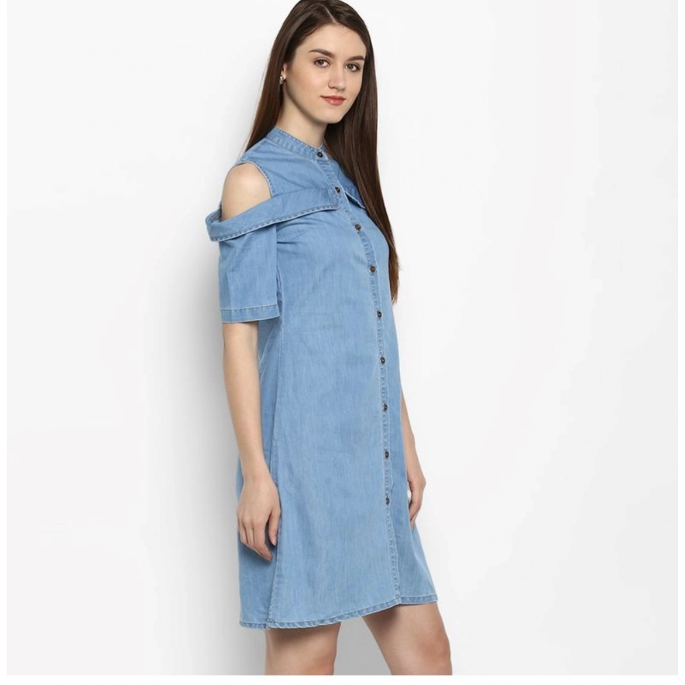 Women's Denim Solid Cold Shoulder Above Knee Dress (Blue) - Image 5