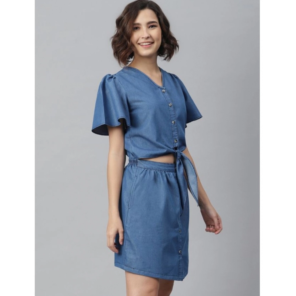 Women's Denim Solid Flutter Above Knee Dress (Blue) - Image 5