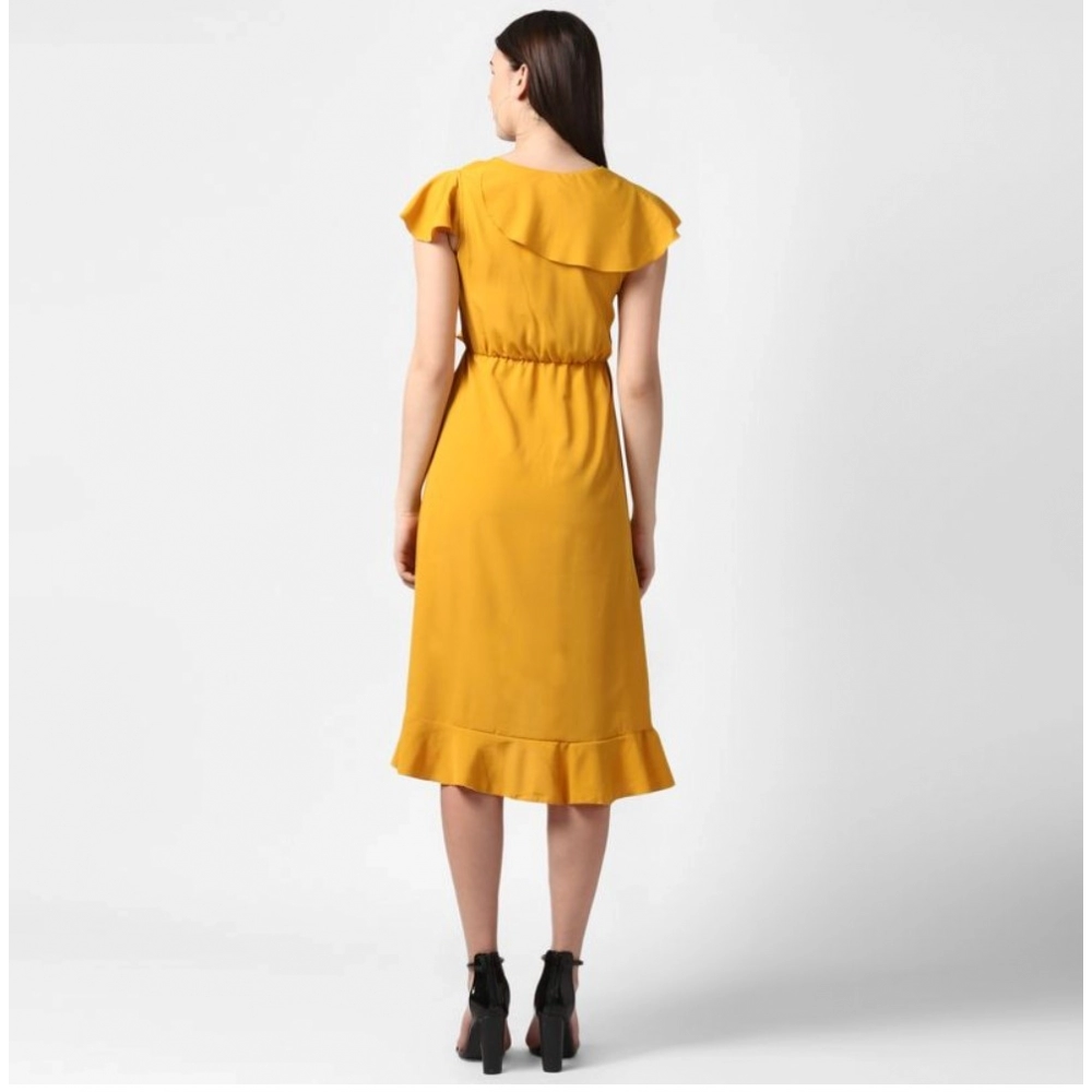 Women's Polyester Ruffled Cap Sleeve Knee-Length Dress (Yellow) - Image 2