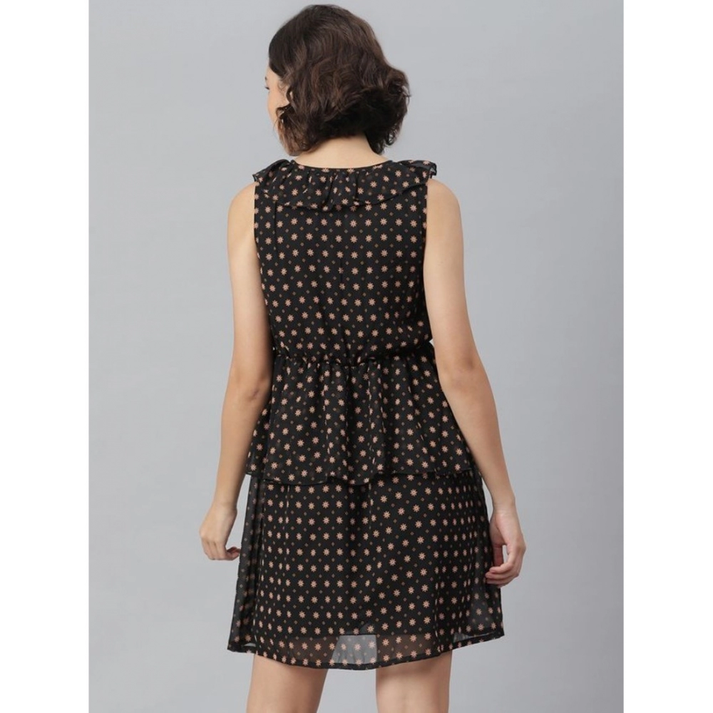 Women's Polyester Peplum Sleeveless Above Knee Dress (Black) - Image 2