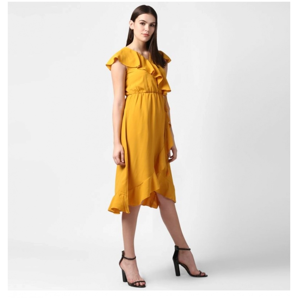Women's Polyester Ruffled Cap Sleeve Knee-Length Dress (Yellow) - Image 5