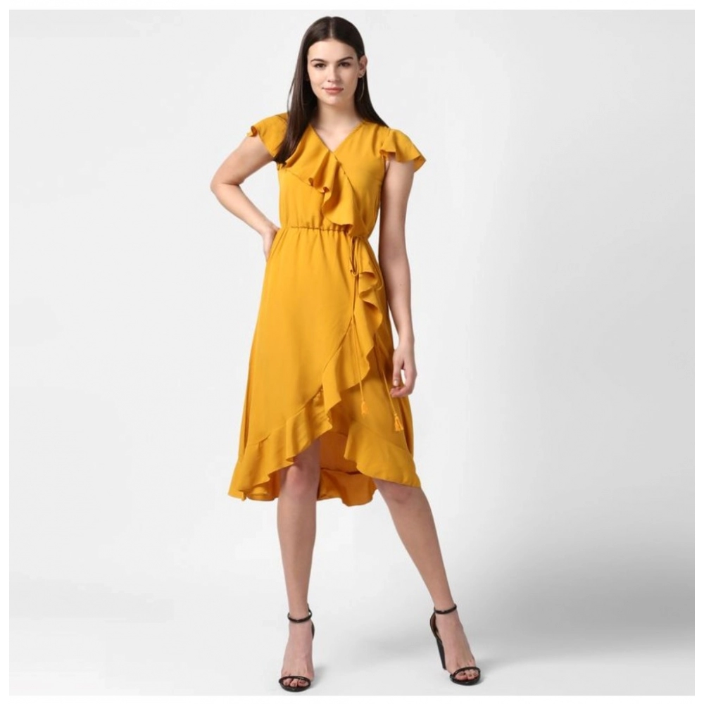 Women's Polyester Ruffled Cap Sleeve Knee-Length Dress (Yellow) - Image 3
