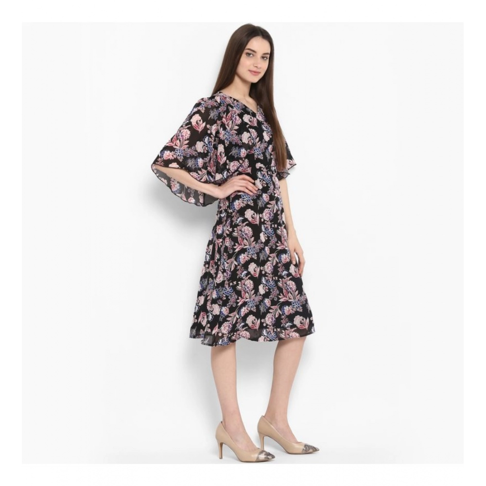 Women's Polyester Floral Short Sleeve Knee-Length Dress (Black - Multicolor) - Image 5