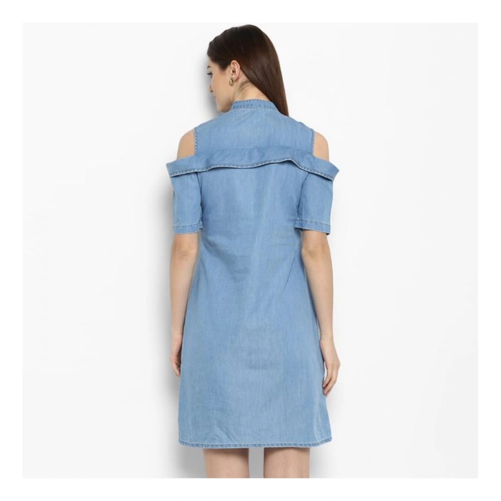 Women's Denim Solid Cold Shoulder Above Knee Dress (Blue) - Image 2