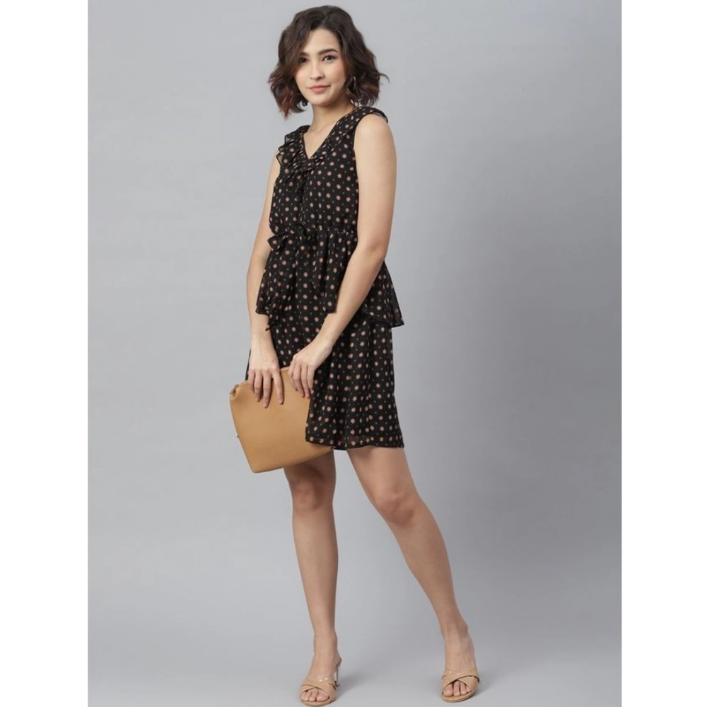 Women's Polyester Peplum Sleeveless Above Knee Dress (Black) - Image 3