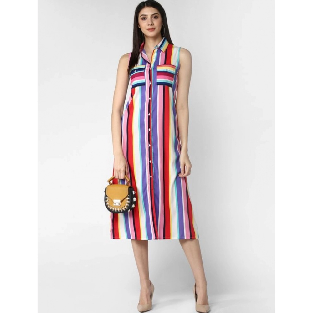 Women's Polyester Striped Sleeveless Calf-length Dress (Multicolor) - Image 3