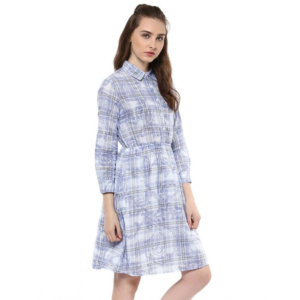 Women's Cotton Checkered Roll Up Sleeve Above Knee Dress (Blue) - Image 5