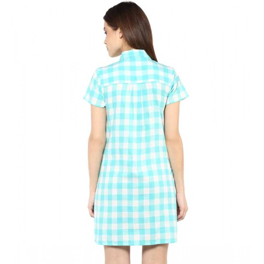 Women's Rayon Checkered Short Sleeve Above Knee Dress (SkuBlue - White) - Image 2