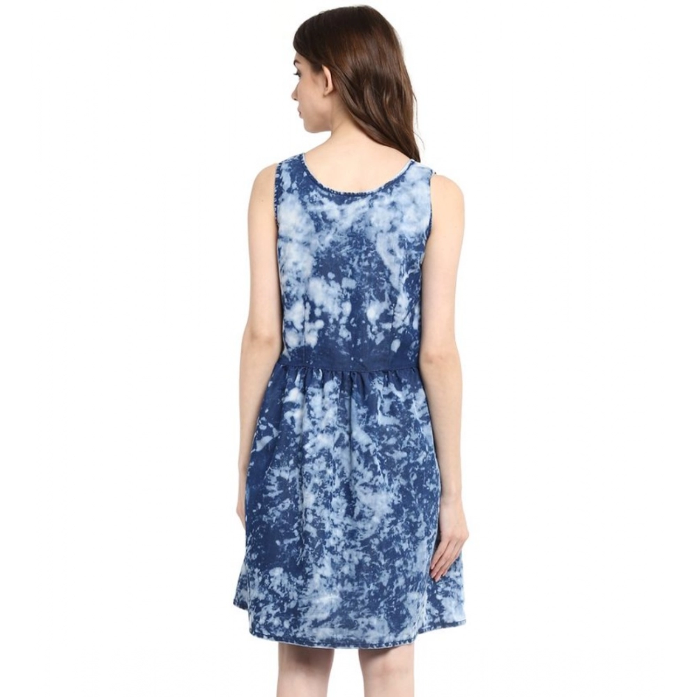 Women's Denim Tie & Dye Sleeveless Above Knee Dress (Blue) - Image 2