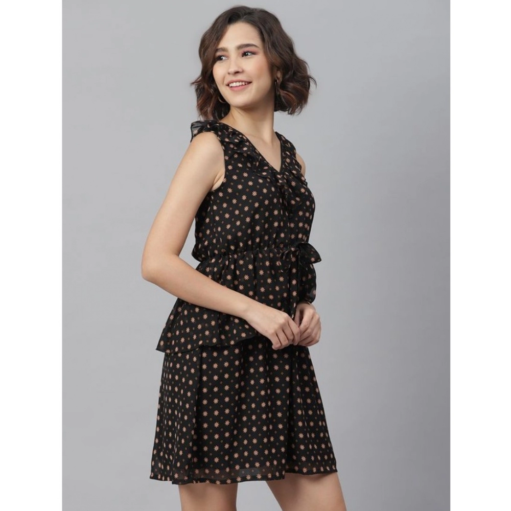 Women's Polyester Peplum Sleeveless Above Knee Dress (Black) - Image 5