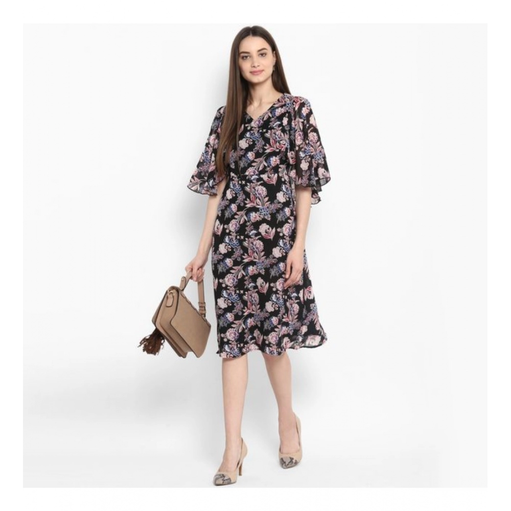 Women's Polyester Floral Short Sleeve Knee-Length Dress (Black - Multicolor) - Image 3