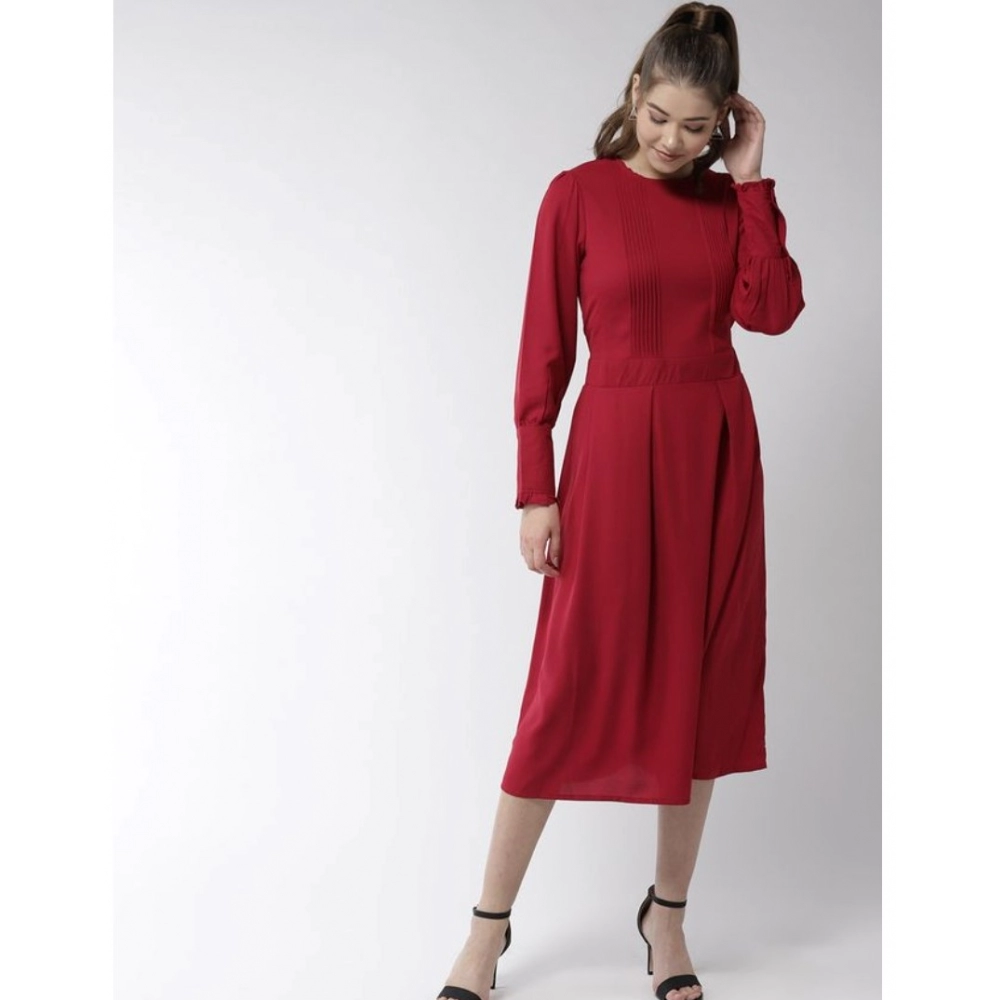 Women's Polyester Pintuck Long Sleeves Below Knee Dress (Red) - Image 3