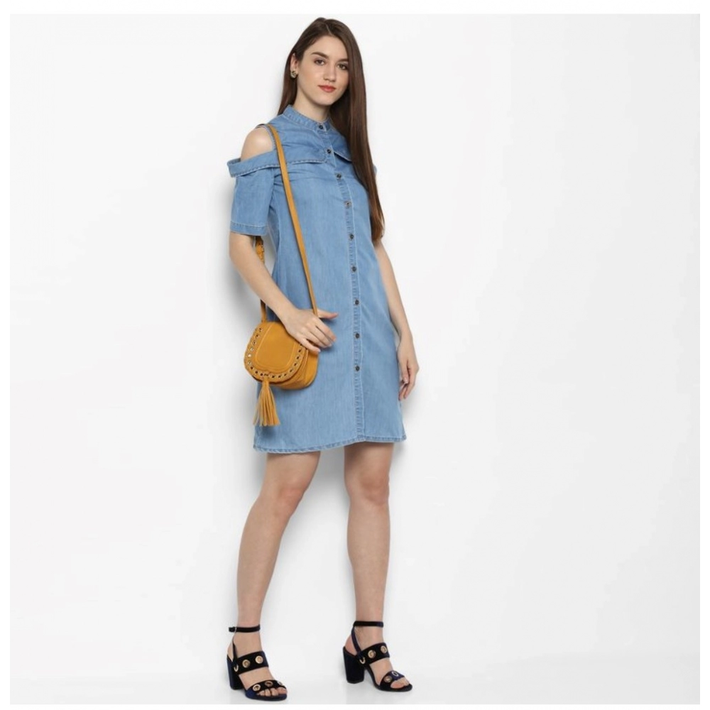 Women's Denim Solid Cold Shoulder Above Knee Dress (Blue) - Image 3
