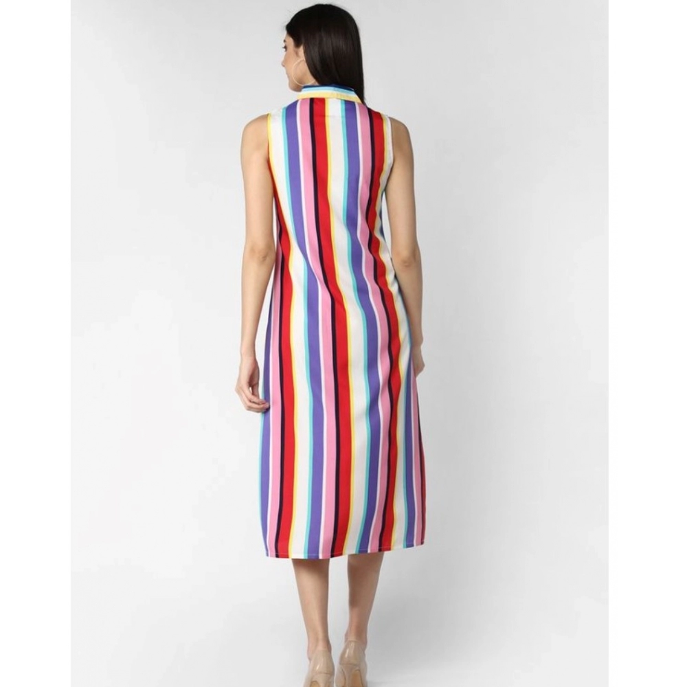 Women's Polyester Striped Sleeveless Calf-length Dress (Multicolor) - Image 2