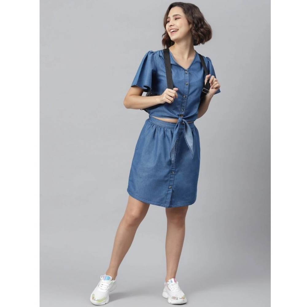 Women's Denim Solid Flutter Above Knee Dress (Blue) - Image 3