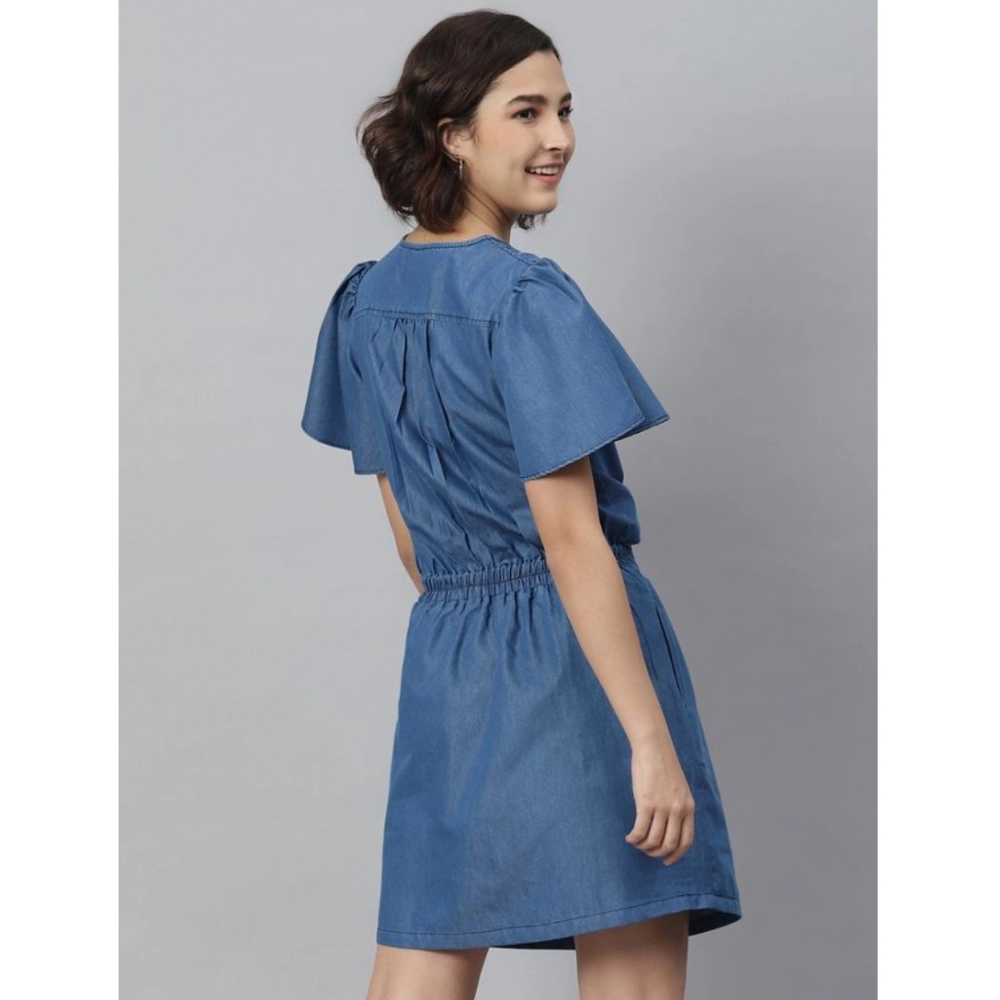 Women's Denim Solid Flutter Above Knee Dress (Blue) - Image 2