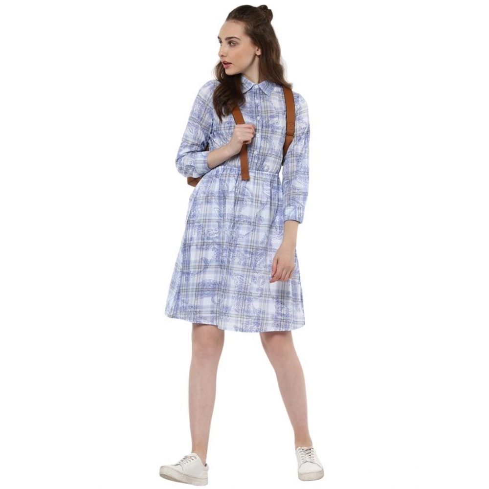 Women's Cotton Checkered Roll Up Sleeve Above Knee Dress (Blue) - Image 3