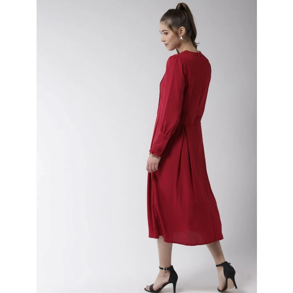 Women's Polyester Pintuck Long Sleeves Below Knee Dress (Red) - Image 2