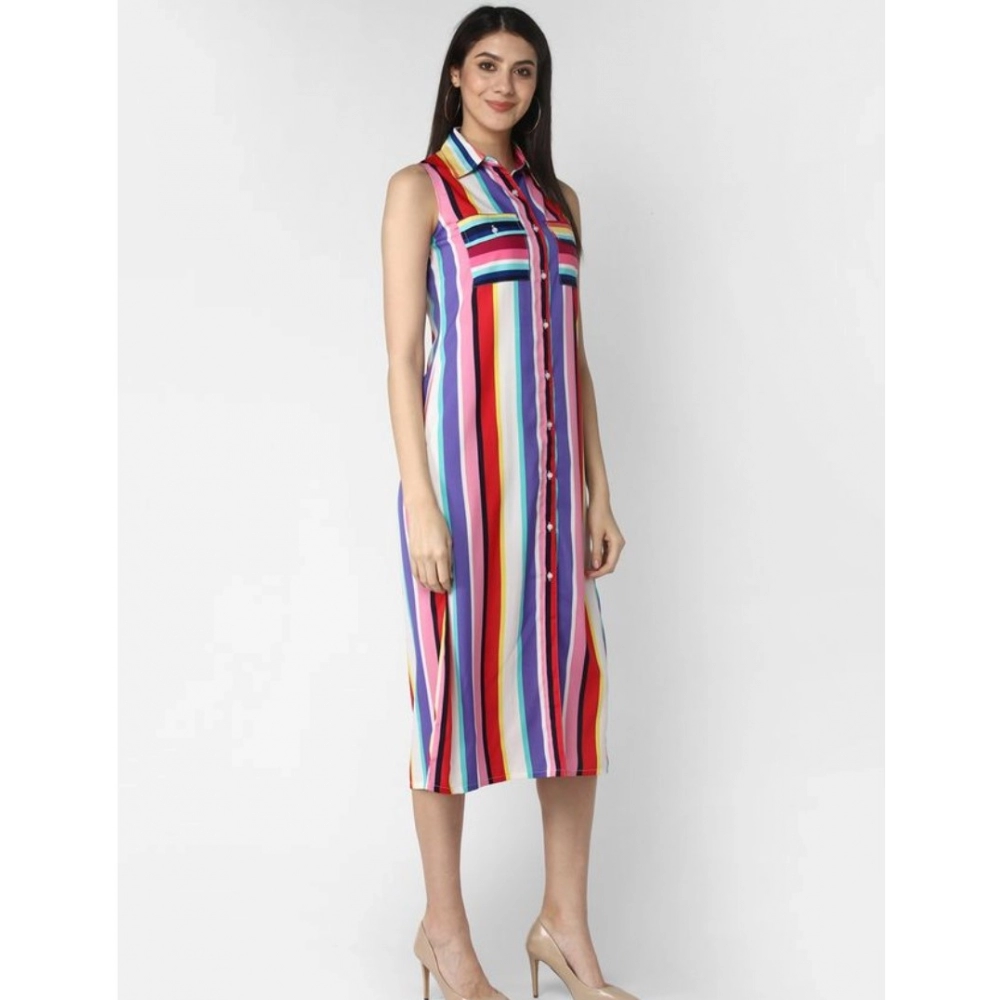 Women's Polyester Striped Sleeveless Calf-length Dress (Multicolor) - Image 5