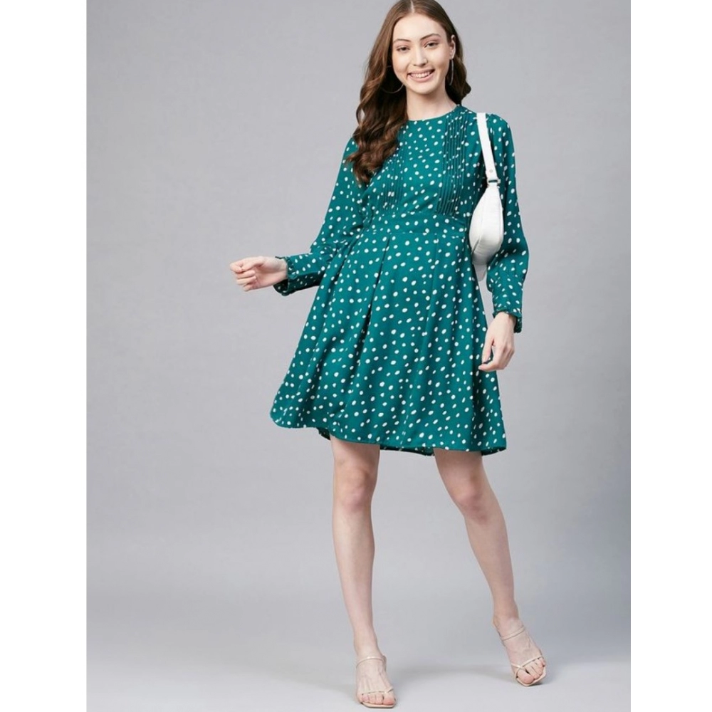 Women's Polyester Polka Long Sleeves Above Knee Dress (Green - White) - Image 3