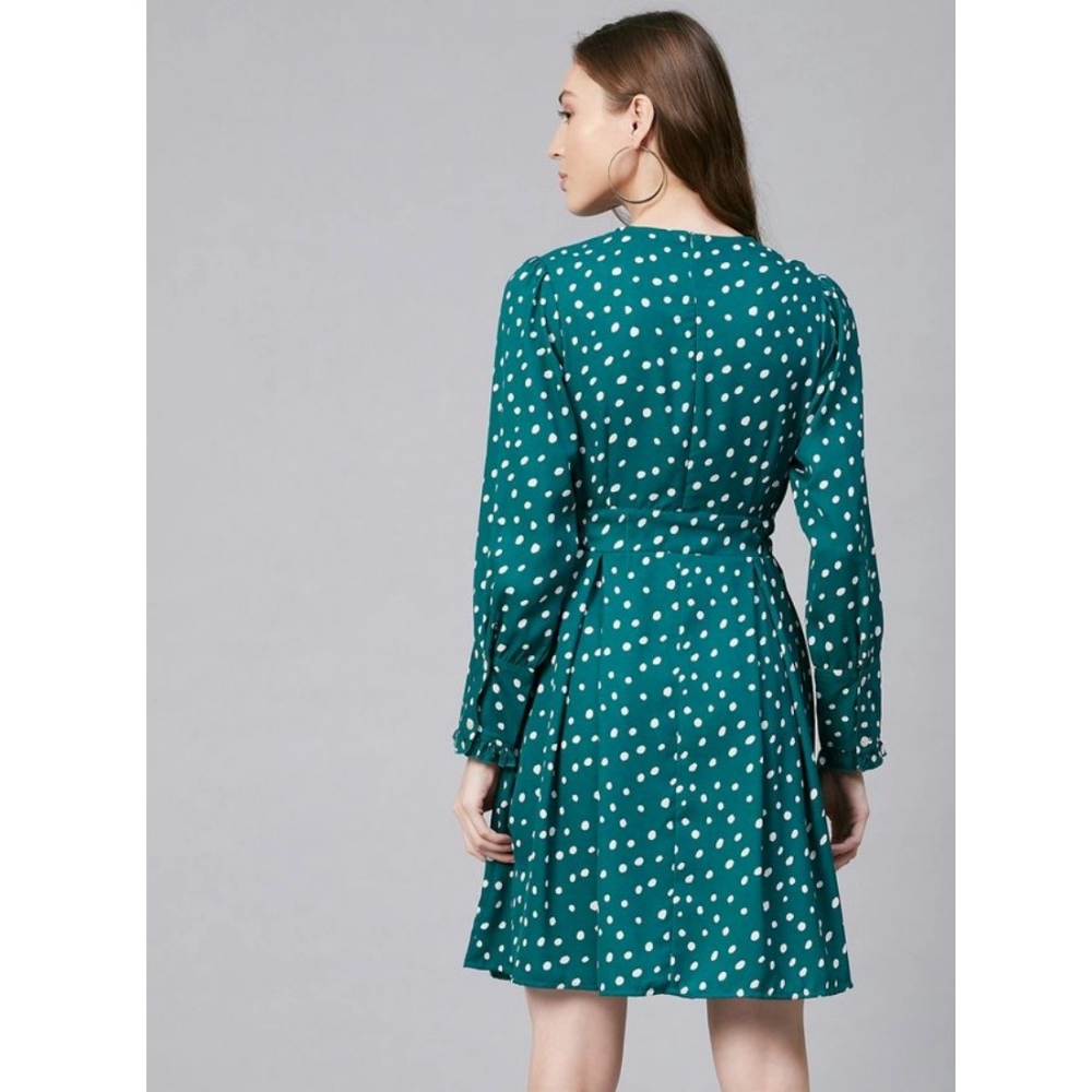 Women's Polyester Polka Long Sleeves Above Knee Dress (Green - White) - Image 2