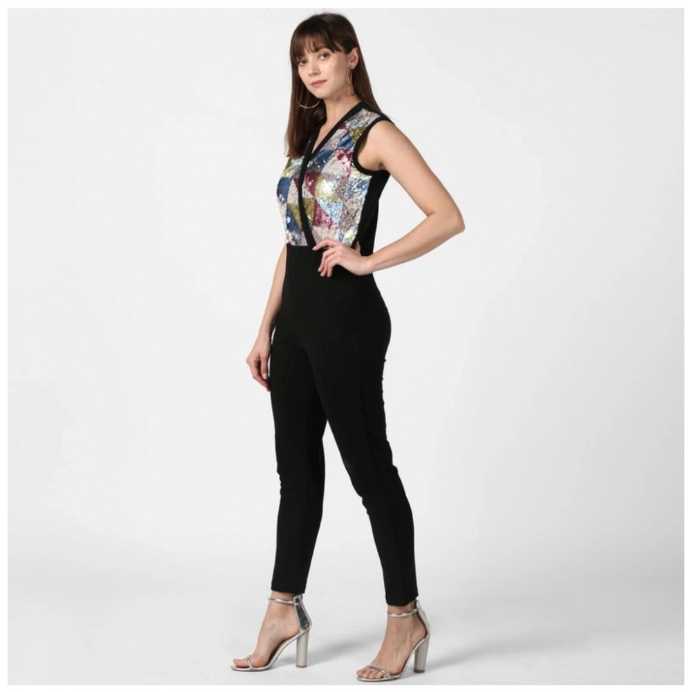 Women's Polyester Embellished Sleeveless Jumpsuit (Black) - Image 5