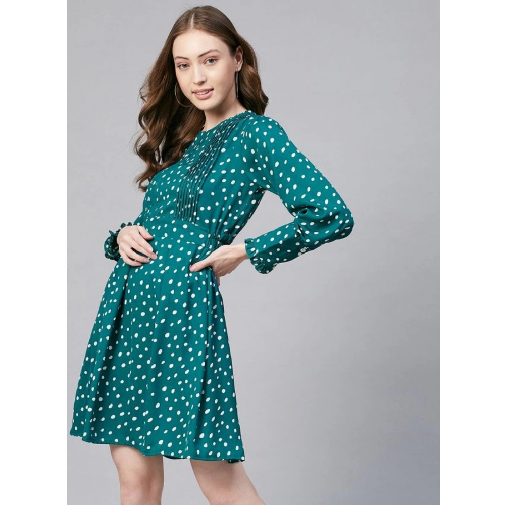 Women's Polyester Polka Long Sleeves Above Knee Dress (Green - White) - Image 5