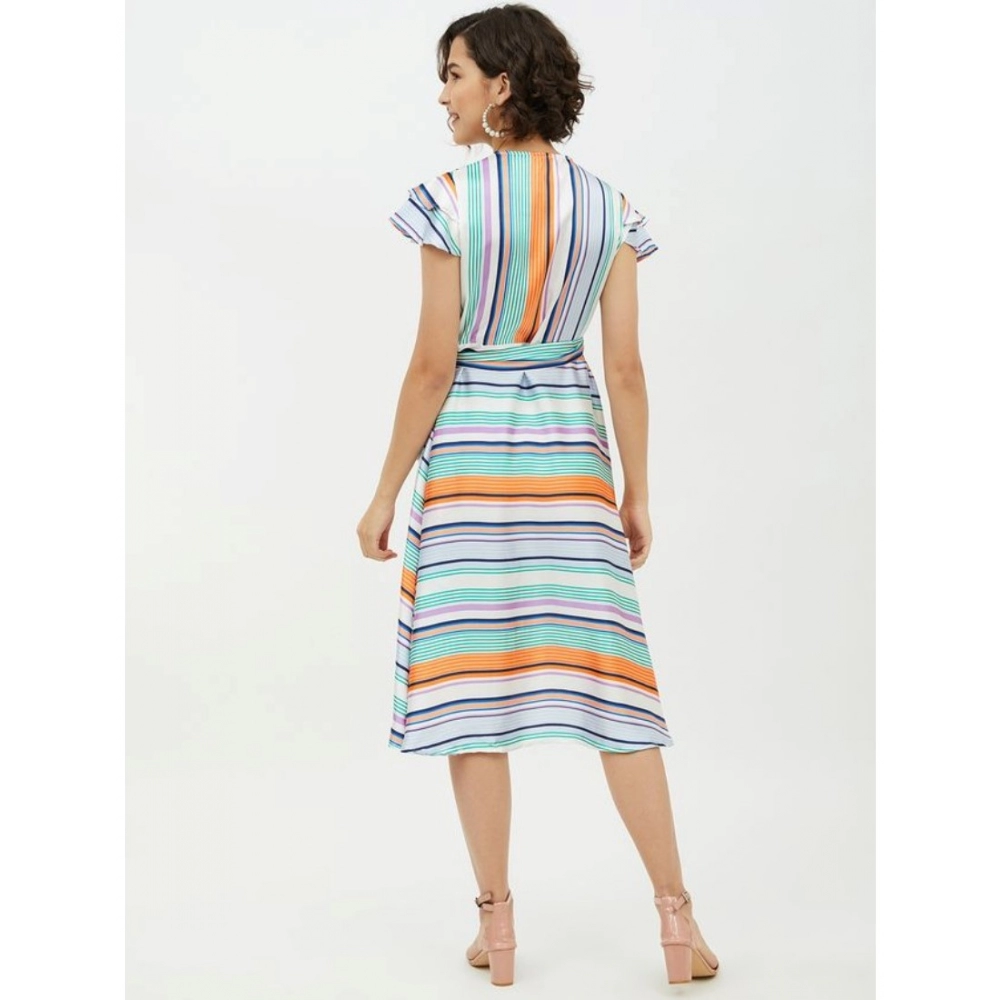 Women's Satin Striped Short Sleeve Knee-Length Dress (Multicolor) - Image 2