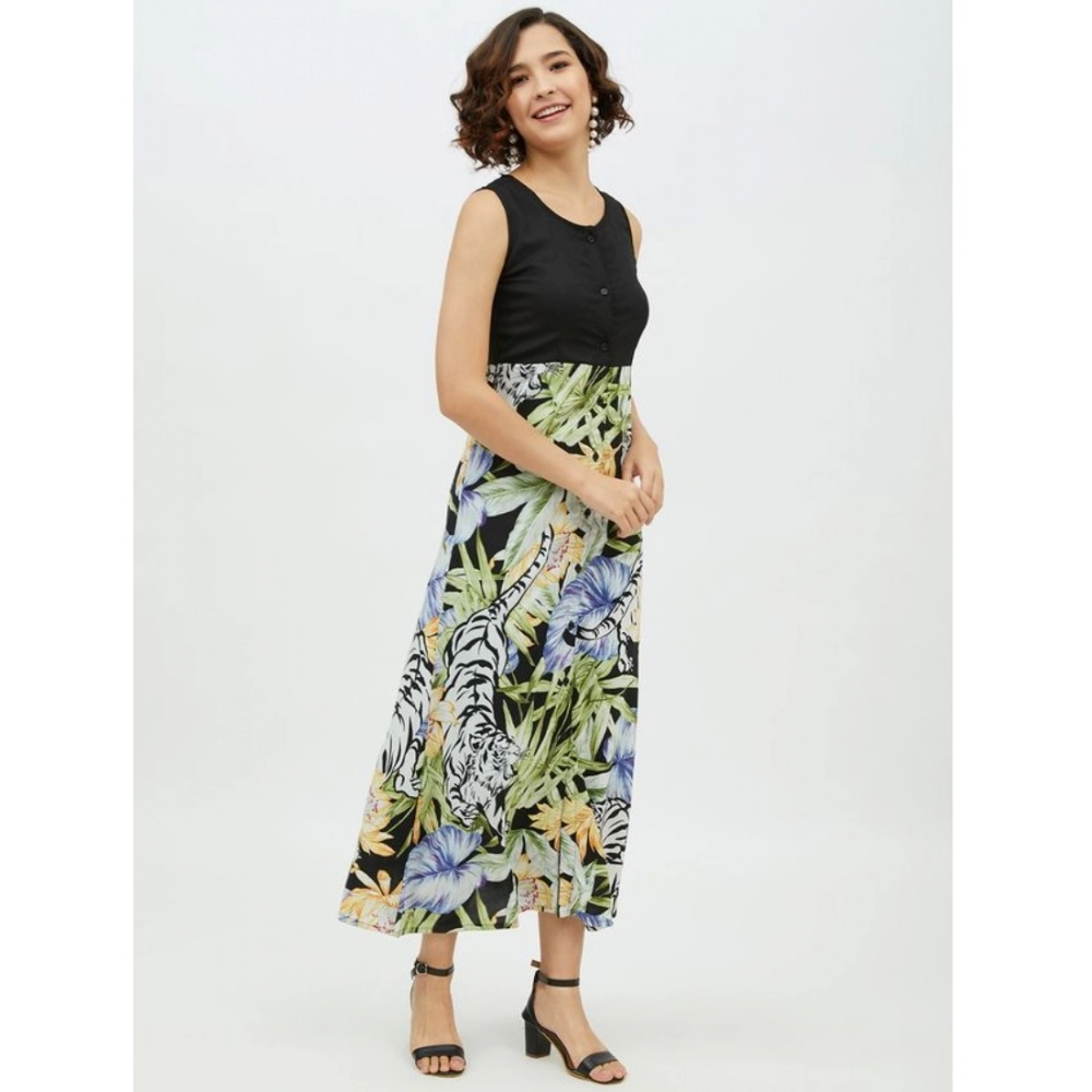 Women's Rayon Floral Sleeveless Calf-length Dress (Multicolor) - Image 5