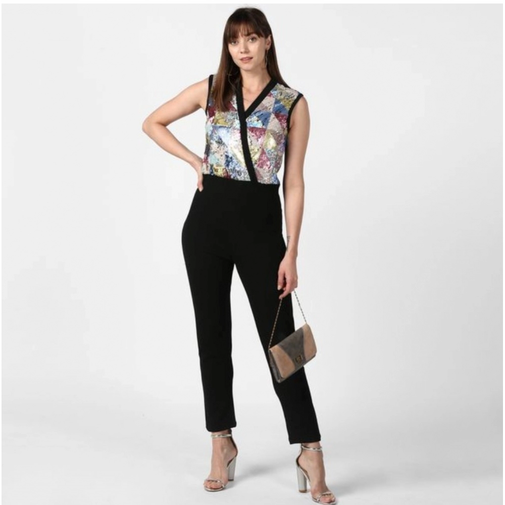 Women's Polyester Embellished Sleeveless Jumpsuit (Black) - Image 2
