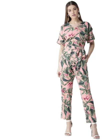 Women's Polyester Floral Half Sleeve Jumpsuit (Pink)