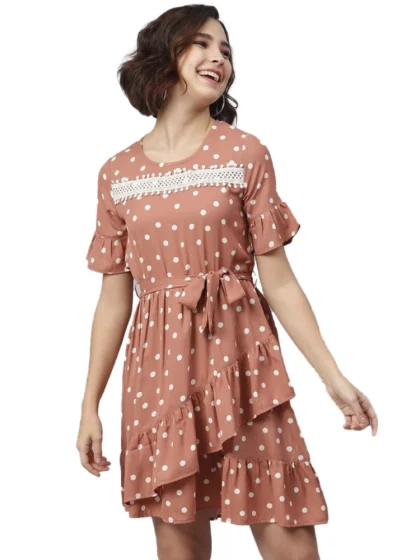 Women's Polyester Polka Bell Sleeve Above Knee Dress (Brown)