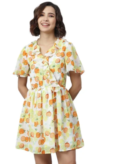 Women's Polyester Printed Flutter Above Knee Dress (Yellow - Orange)