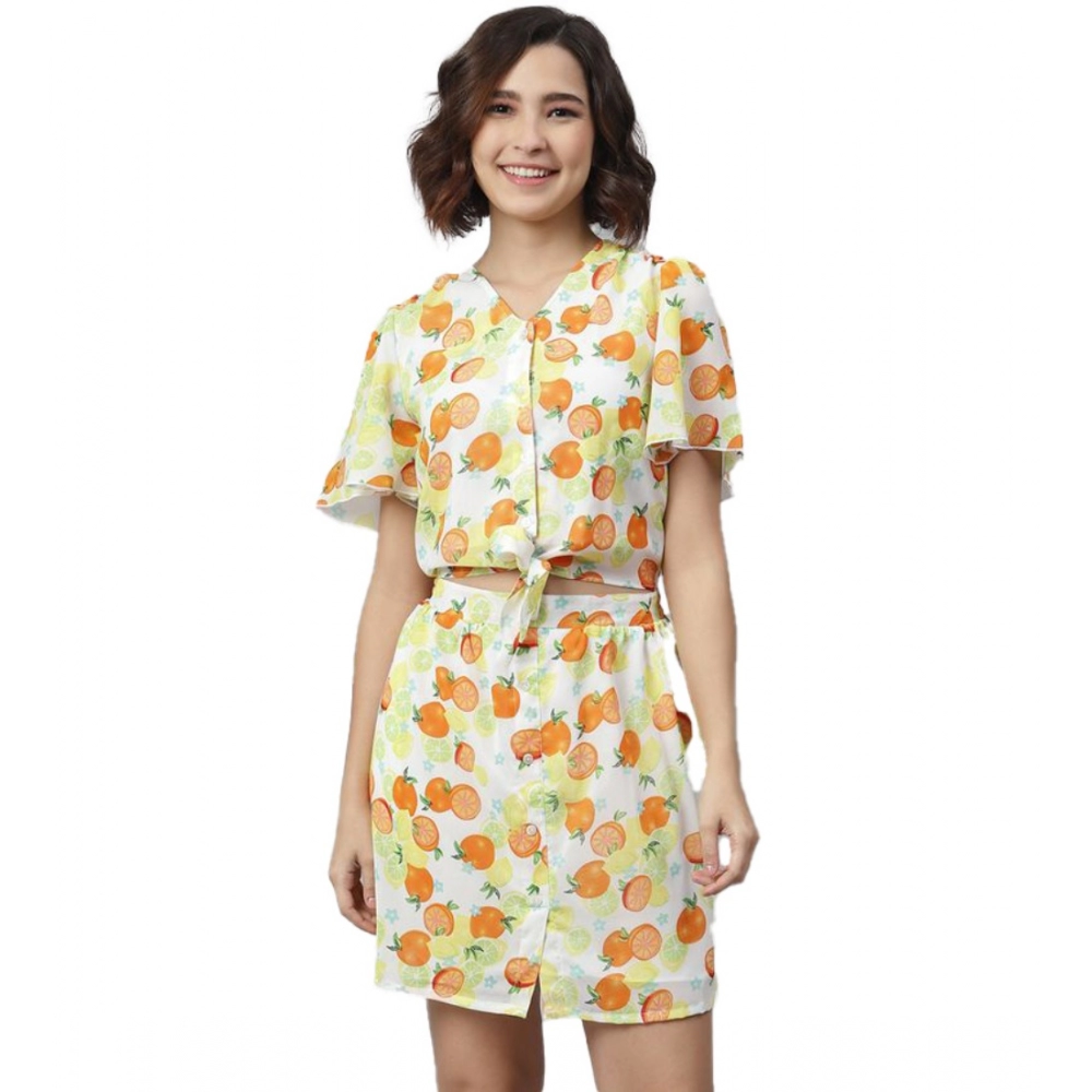 Women's Polyester Printed Flutter Above Knee Dress (Orange - Yellow)