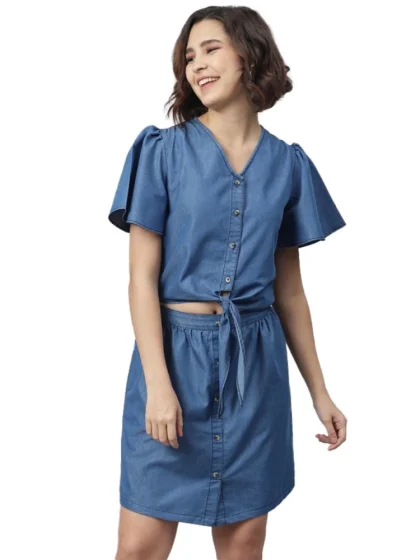 Women's Denim Solid Flutter Above Knee Dress (Blue)