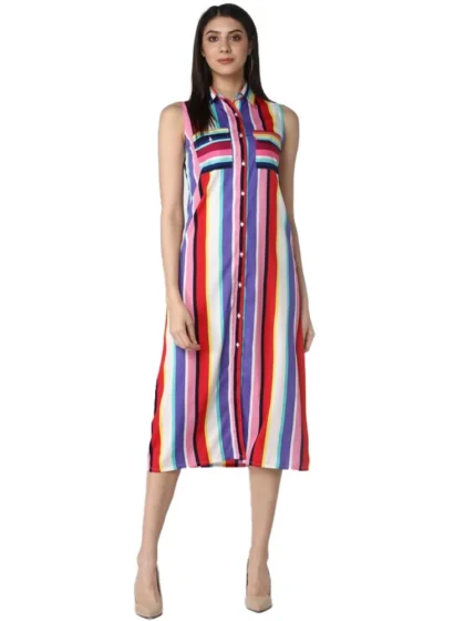 Women's Polyester Striped Sleeveless Calf-length Dress (Multicolor)