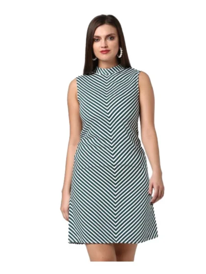 Women's Polyester Striped Sleeveless Above Knee Dress (Green)