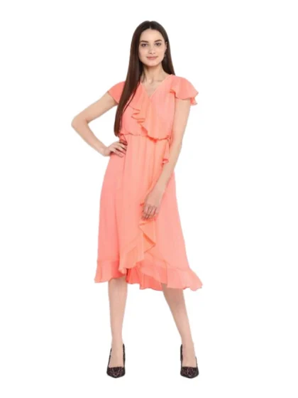 Women's Polyester Ruffled Cap Sleeve Below Knee Dress (Neon Pink)
