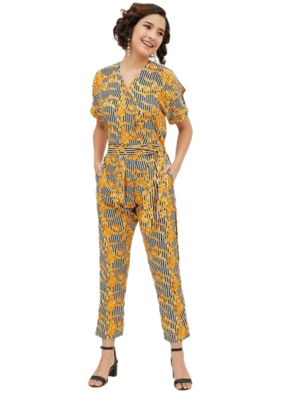 Women's Polyester Printed Half Sleeve Long Jumpsuit (Yellow)