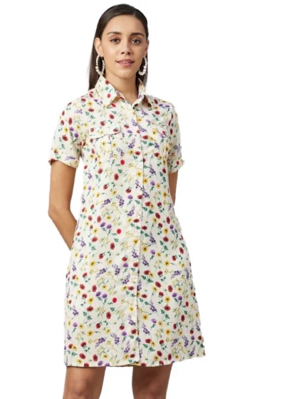 Women's Polyester Floral Short Sleeve Above Knee Dress (Multicolor)