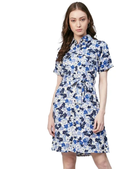 Women's Polyester Floral Short Sleeve Above Knee Dress (Blue - White)