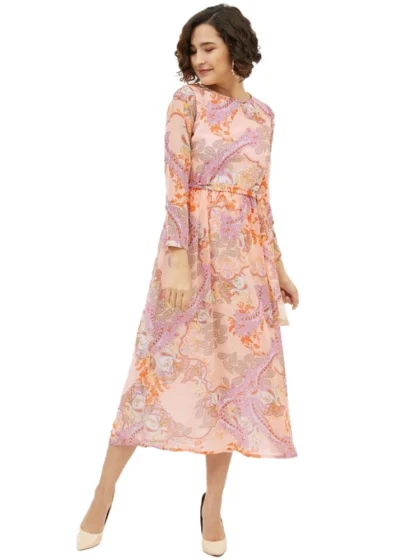 Women's Polyester Printed Long Sleeves Calf-length Dress (Multicolor)