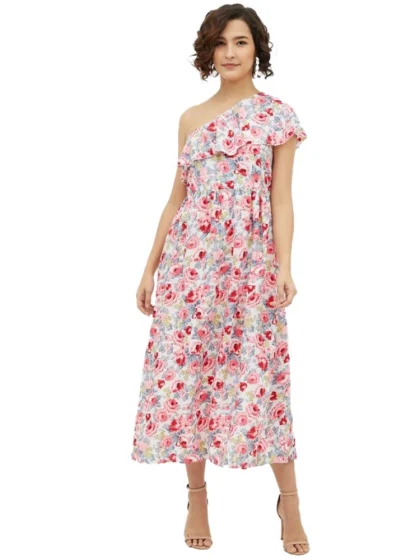 Women's Polyester Floral One Shoulder Calf-length Dress (Multicolor)