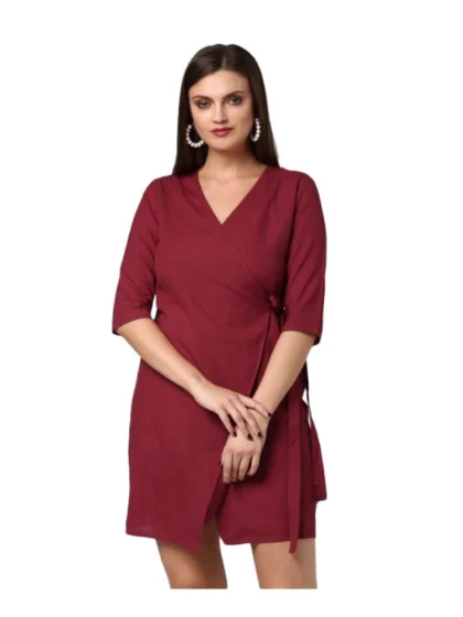 Women's Cotton Solid 3-4th Sleeves Above Knee Dress (Maroon)