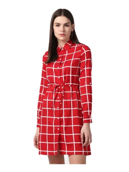 Women's Polyester Checkered Long Sleeves Above Knee Dress (Red)