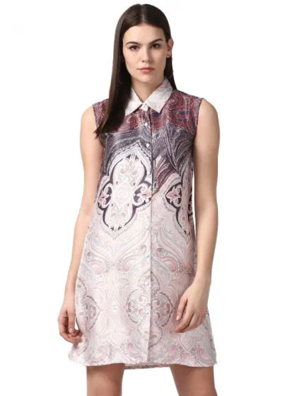 Women's Polyester Printed Sleeveless Above Knee Dress (Orange)