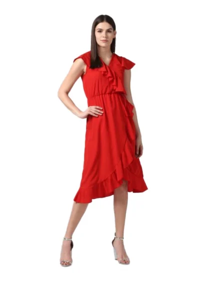 Women's Polyester Ruffled Cap Sleeve Knee-Length Dress (Red)