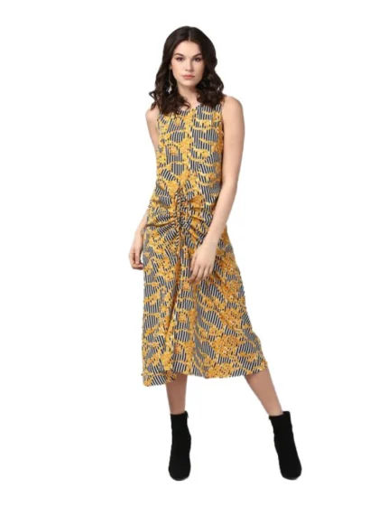 Women's Polyester Chain Print Sleeveless Below Knee Dress (Yellow - Black)